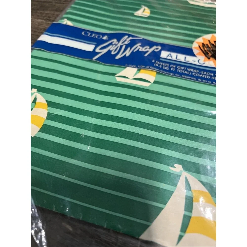 Vintage︱BOATS︱Gift Wrap︱CLEO︱2 Sheets 8.3 sq ft︱Green Boating Theme︱New in Pkg